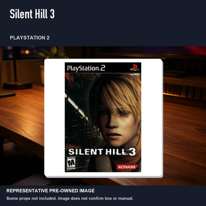 Representative pre-owned Silent Hill 3 (PlayStation 2), product image in a styled desk scene.