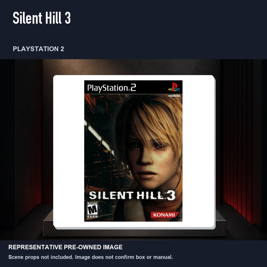 Representative pre-owned Silent Hill 3 (PlayStation 2), product image on a display panel.