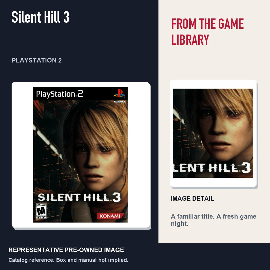 Representative pre-owned Silent Hill 3 (PlayStation 2), editorial image and detail.