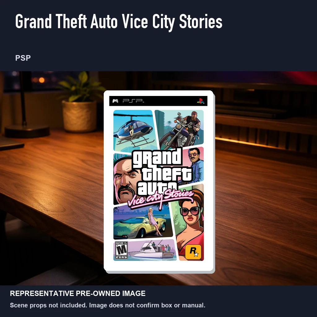 Representative pre-owned Grand Theft Auto Vice City Stories (PSP), product image in a styled desk scene.