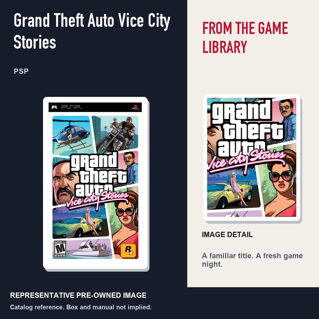 Representative pre-owned Grand Theft Auto Vice City Stories (PSP), editorial image and detail.