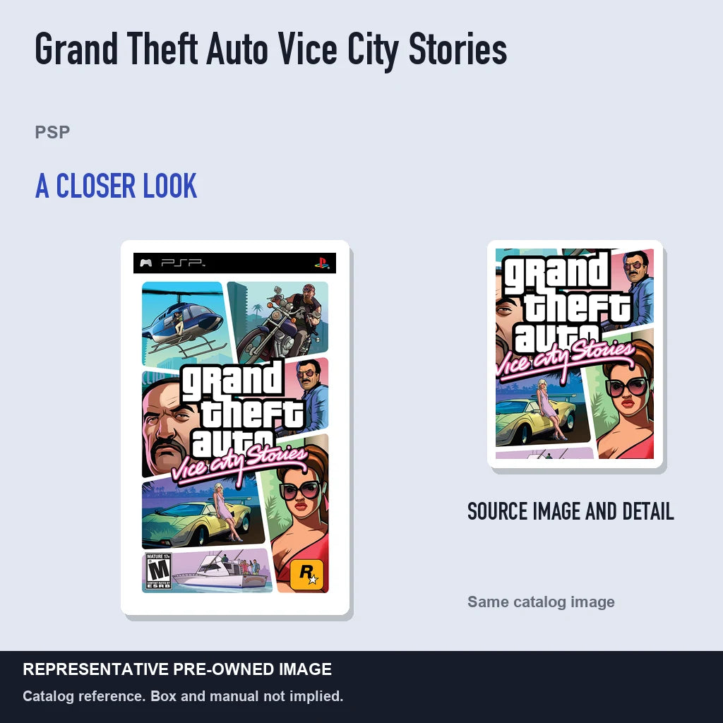 Representative pre-owned Grand Theft Auto Vice City Stories (PSP), full image with detail inset.