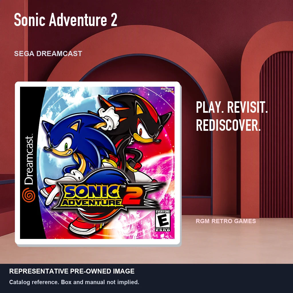 Representative pre-owned Sonic Adventure 2 (Sega Dreamcast), red retro product layout.