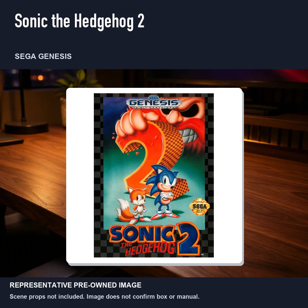Representative pre-owned Sonic the Hedgehog 2 (Sega Genesis), product image in a styled desk scene.