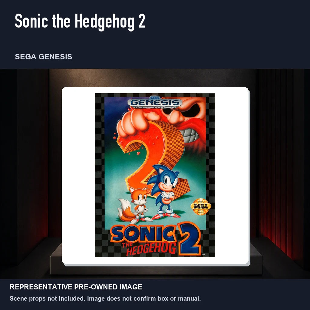 Representative pre-owned Sonic the Hedgehog 2 (Sega Genesis), product image on a display panel.