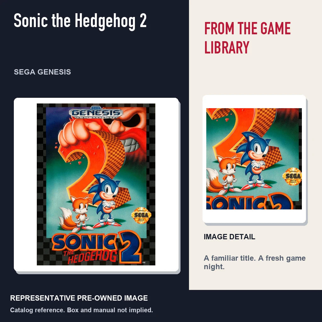 Representative pre-owned Sonic the Hedgehog 2 (Sega Genesis), editorial image and detail.