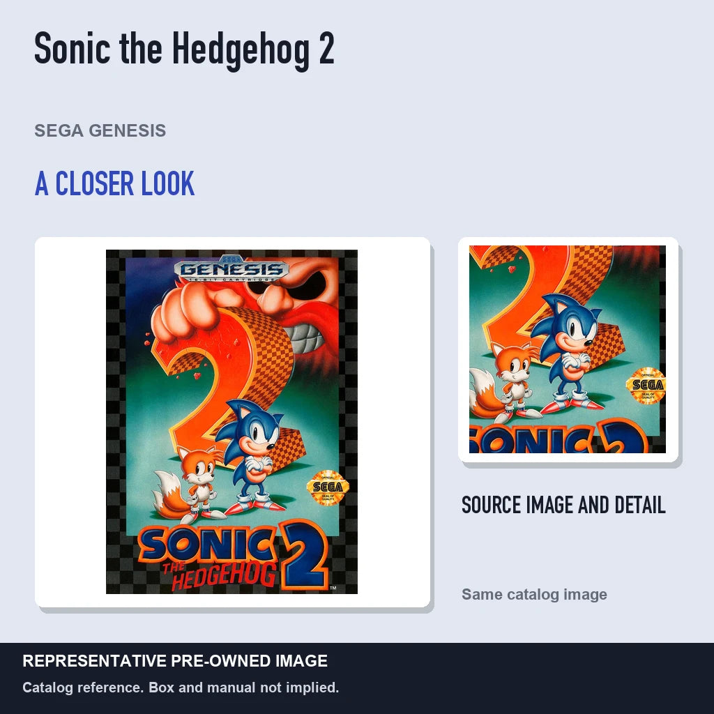 Representative pre-owned Sonic the Hedgehog 2 (Sega Genesis), full image with detail inset.