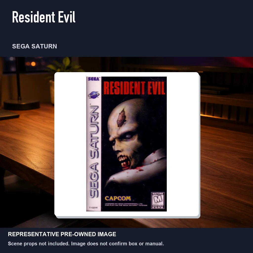 Representative pre-owned Resident Evil (Sega Saturn), product image in a styled desk scene.