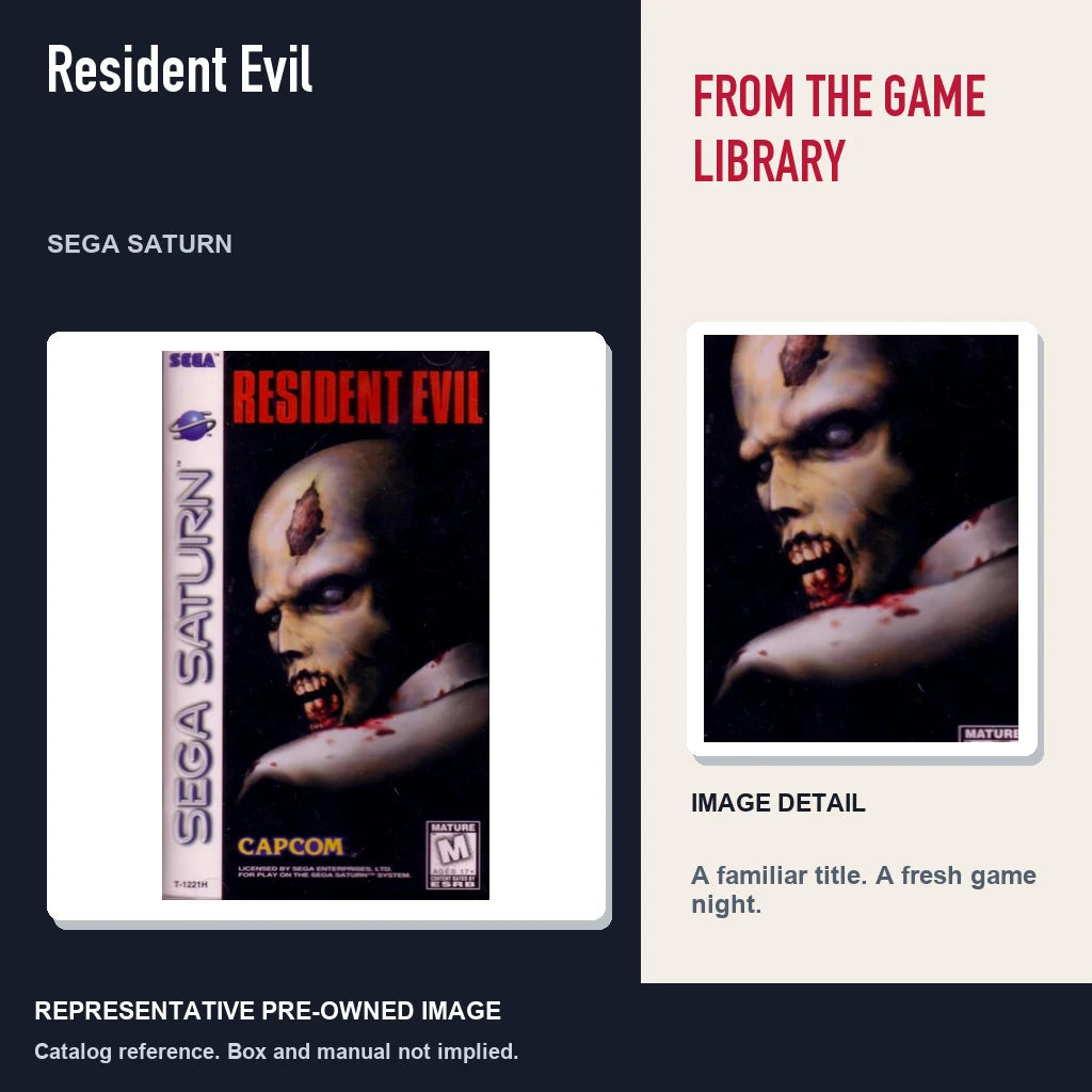 Representative pre-owned Resident Evil (Sega Saturn), editorial image and detail.
