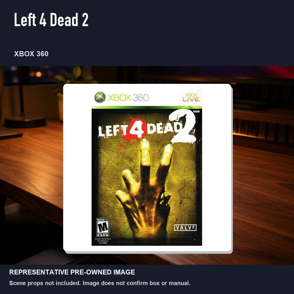 Representative pre-owned Left 4 Dead 2 (Xbox 360), product image in a styled desk scene.