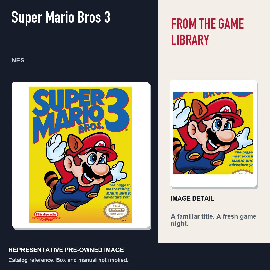 Representative pre-owned Super Mario Bros 3 (NES), editorial image and detail.
