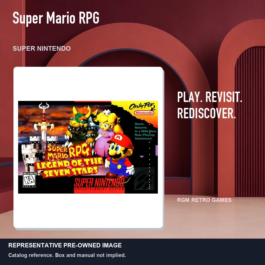 Representative pre-owned Super Mario RPG (Super Nintendo), red retro product layout.