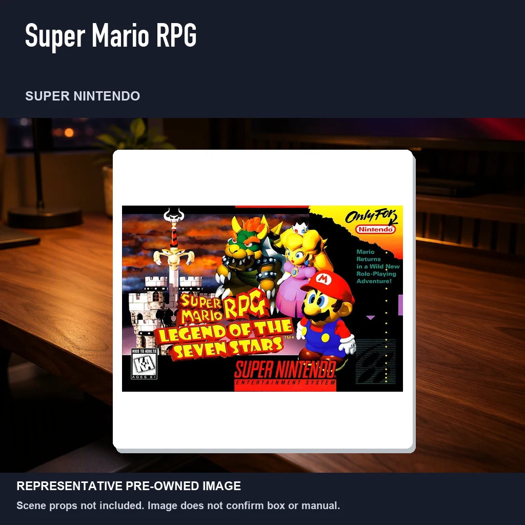 Representative pre-owned Super Mario RPG (Super Nintendo), product image in a styled desk scene.