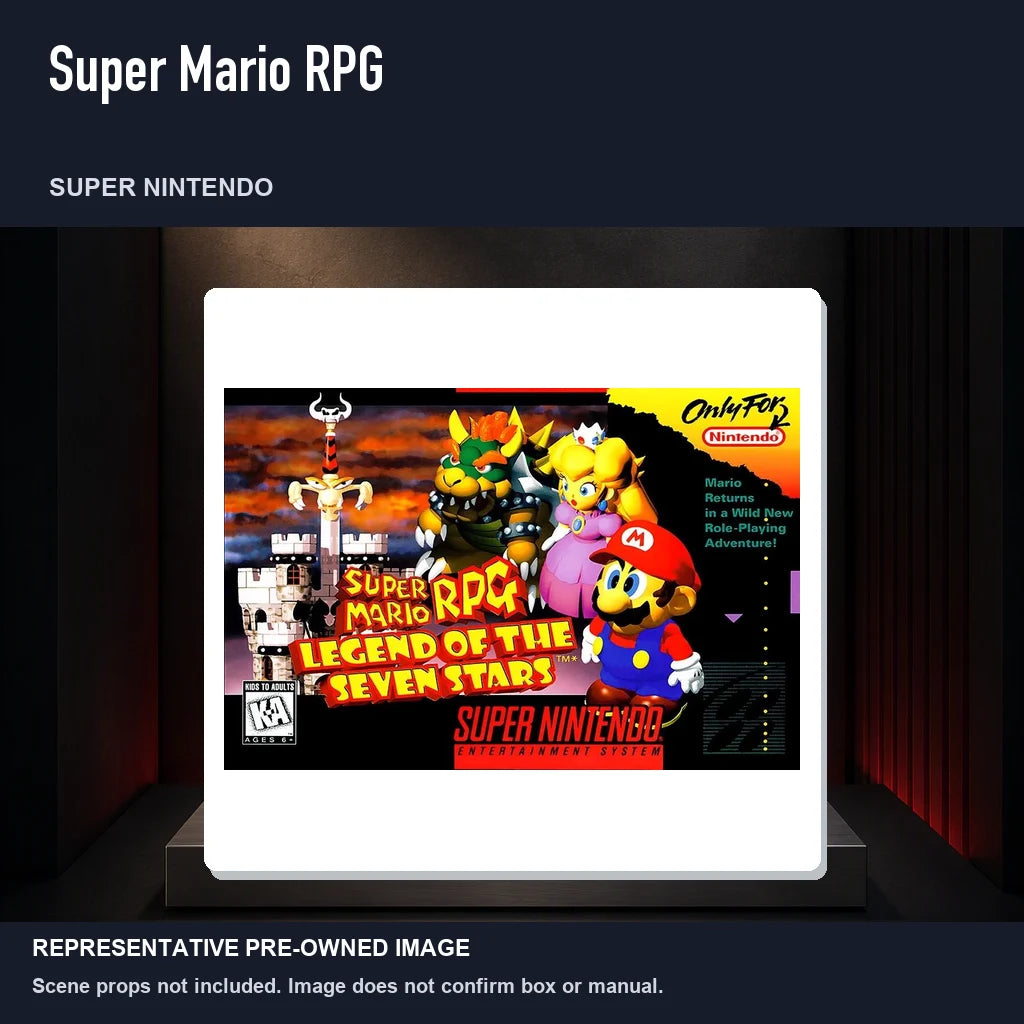 Representative pre-owned Super Mario RPG (Super Nintendo), product image on a display panel.