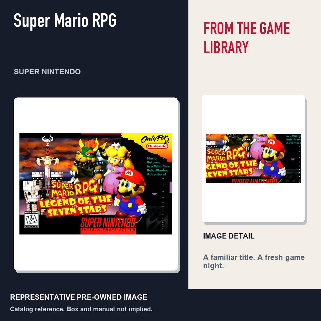 Representative pre-owned Super Mario RPG (Super Nintendo), editorial image and detail.