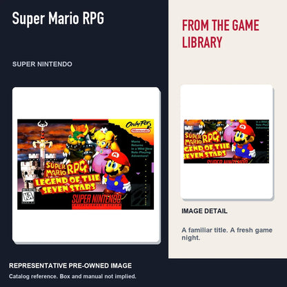 Representative pre-owned Super Mario RPG (Super Nintendo), editorial image and detail.