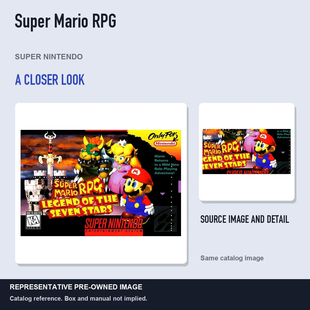 Representative pre-owned Super Mario RPG (Super Nintendo), full image with detail inset.