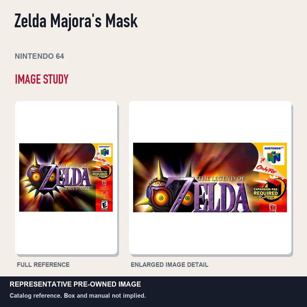 Representative pre-owned Zelda Majora's Mask (Nintendo 64), full image and detail.