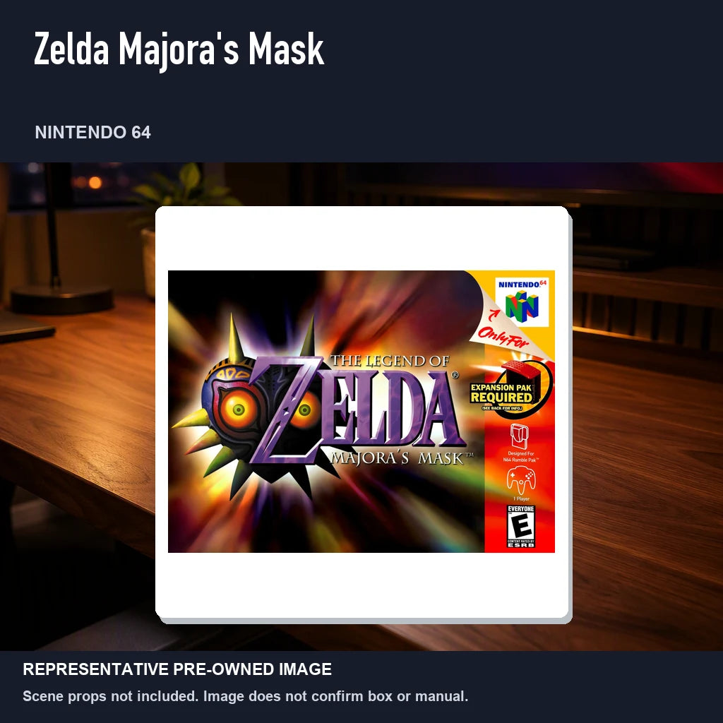 Representative pre-owned Zelda Majora's Mask (Nintendo 64), product image in a styled desk scene.