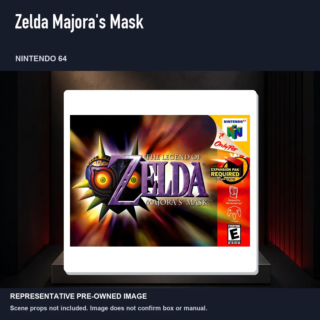 Representative pre-owned Zelda Majora's Mask (Nintendo 64), product image on a display panel.