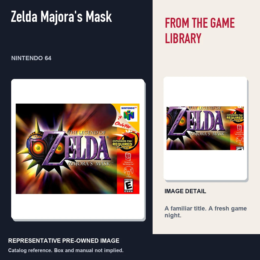 Representative pre-owned Zelda Majora's Mask (Nintendo 64), editorial image and detail.