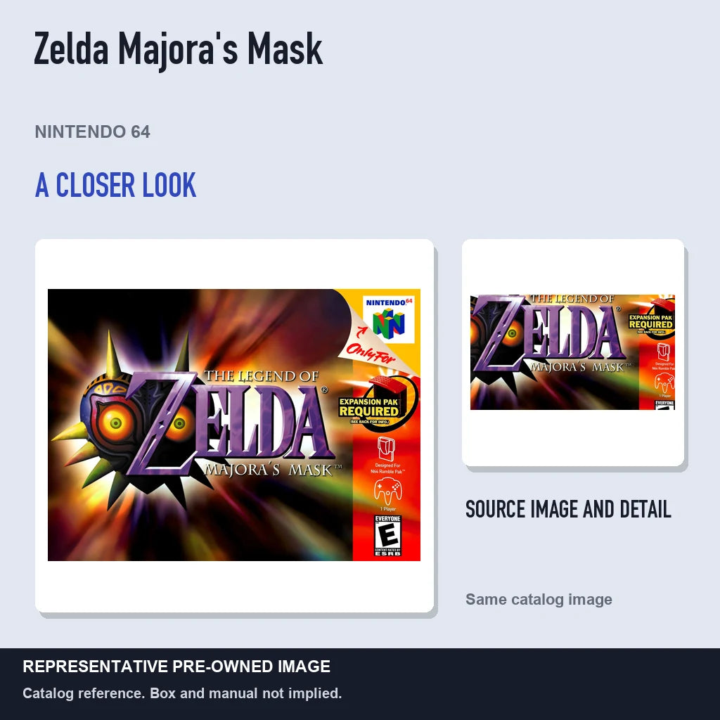 Representative pre-owned Zelda Majora's Mask (Nintendo 64), full image with detail inset.