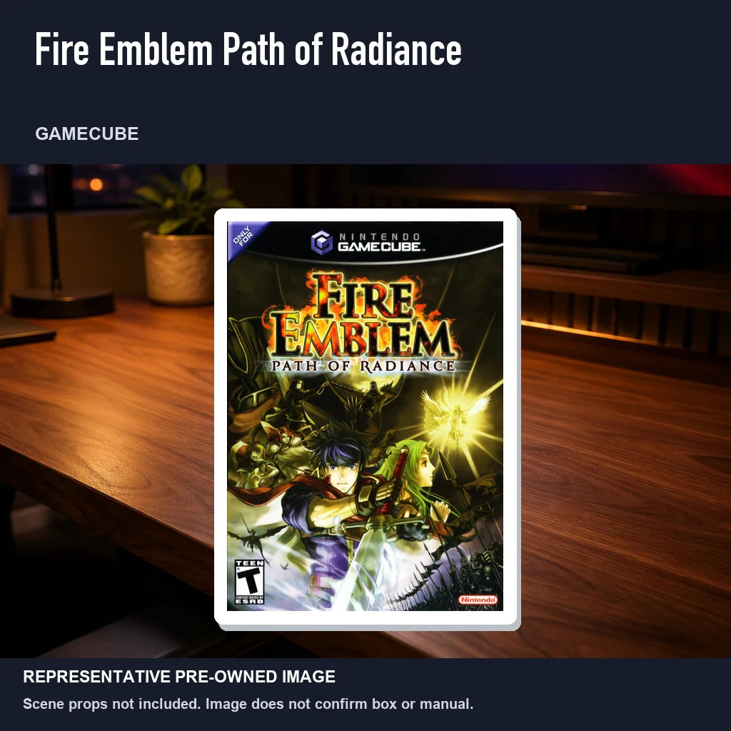 Representative pre-owned Fire Emblem Path of Radiance (GameCube), product image in a styled desk scene.