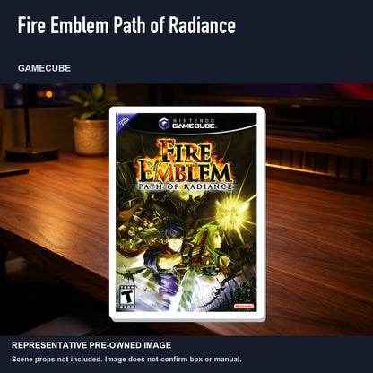 Representative pre-owned Fire Emblem Path of Radiance (GameCube), product image in a styled desk scene.