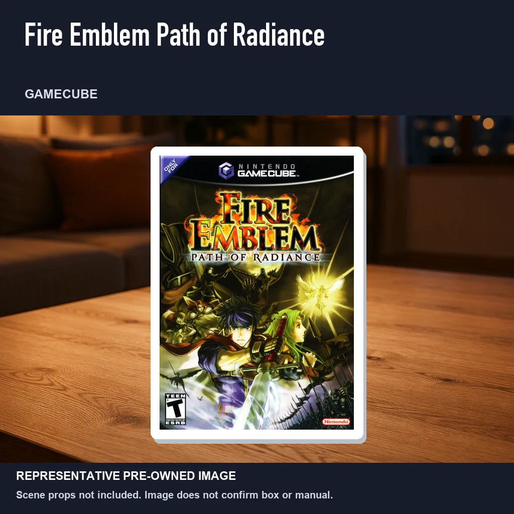 Representative pre-owned Fire Emblem Path of Radiance (GameCube), product image in a styled room scene.