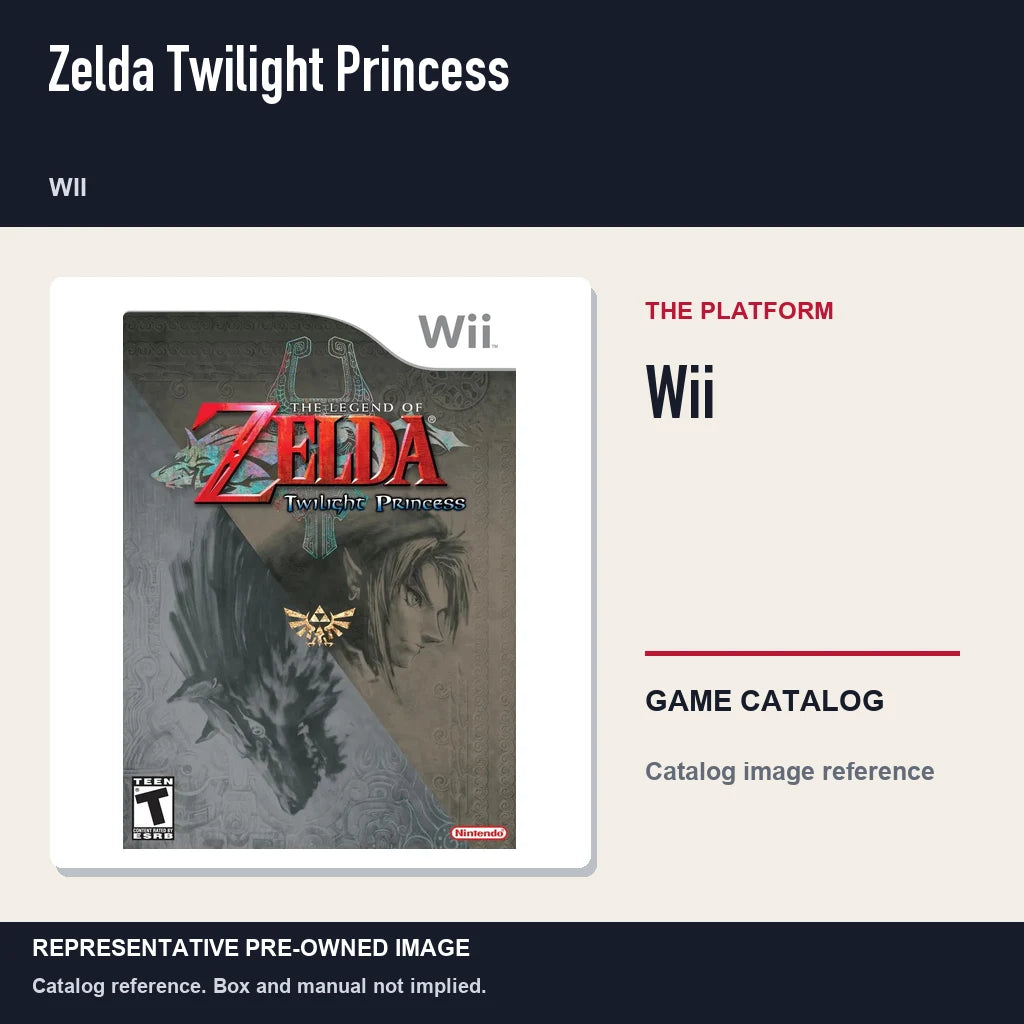 Representative pre-owned Zelda Twilight Princess (Wii), platform product layout.