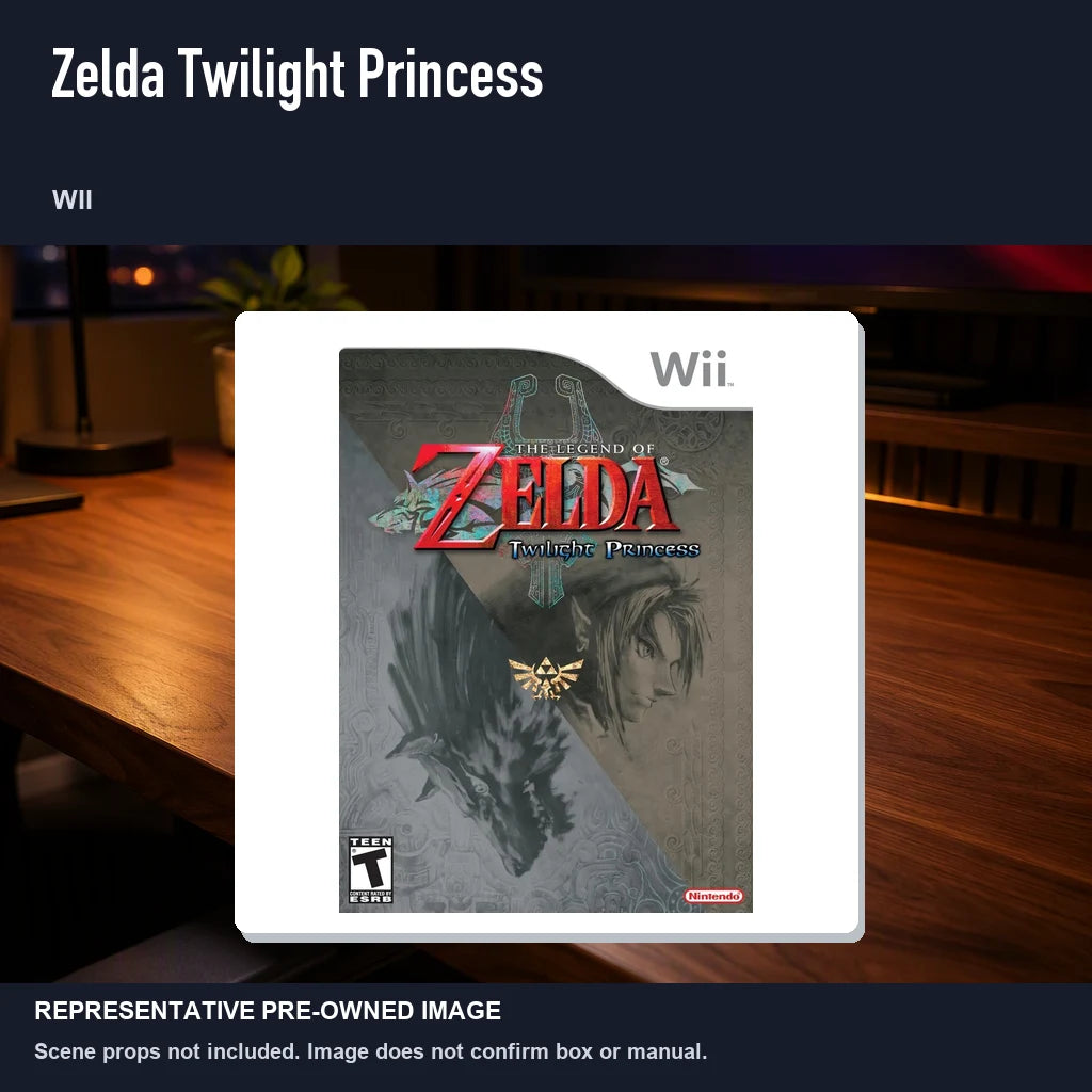 Representative pre-owned Zelda Twilight Princess (Wii), product image in a styled desk scene.