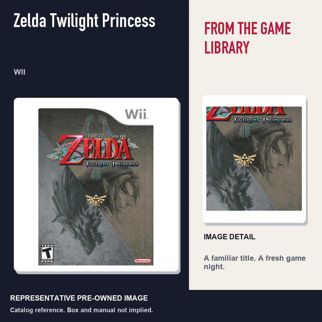 Representative pre-owned Zelda Twilight Princess (Wii), editorial image and detail.