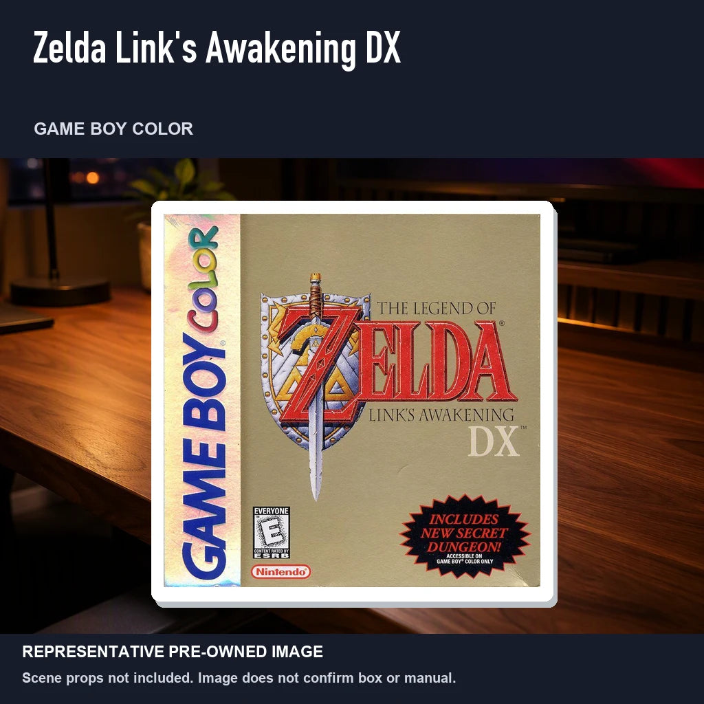 Representative pre-owned Zelda Link's Awakening DX (Game Boy Color), product image in a styled desk scene.