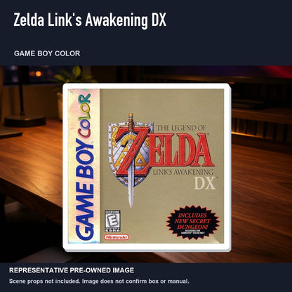 Representative pre-owned Zelda Link's Awakening DX (Game Boy Color), product image in a styled desk scene.