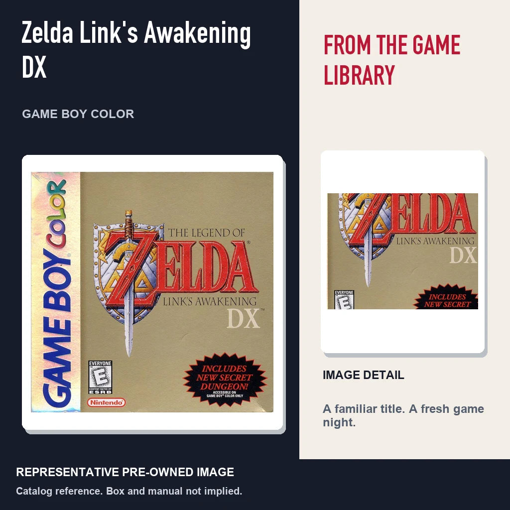 Representative pre-owned Zelda Link's Awakening DX (Game Boy Color), editorial image and detail.