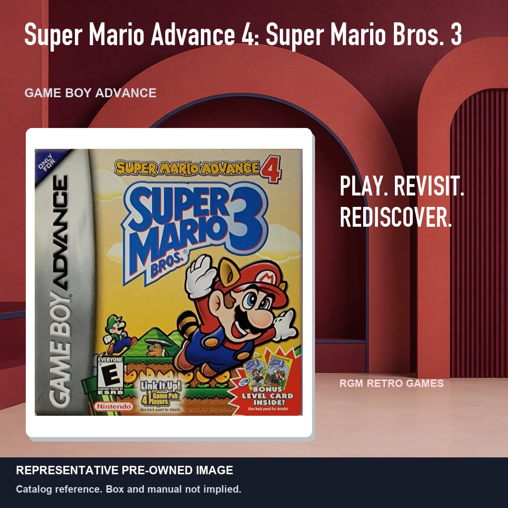 Representative pre-owned Super Mario Advance 4: Super Mario Bros. 3 (Game Boy Advance), red retro product layout.