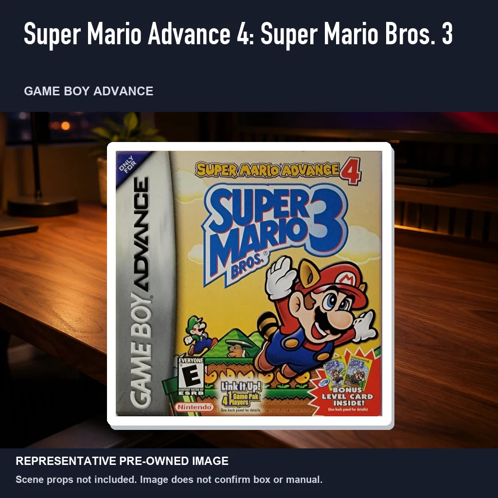 Representative pre-owned Super Mario Advance 4: Super Mario Bros.… (Game Boy Advance), product image in a styled desk scene.