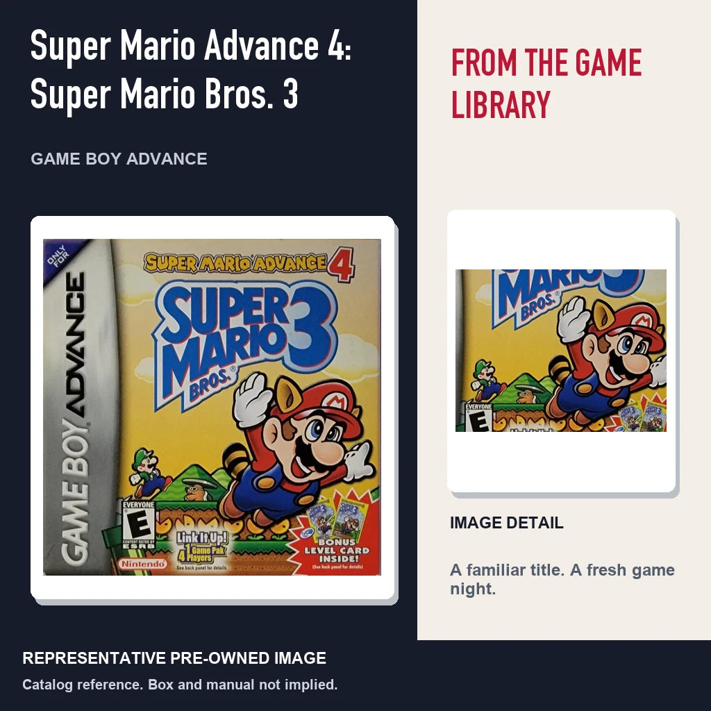 Representative pre-owned Super Mario Advance 4: Super Mario Bros. 3 (Game Boy Advance), editorial image and detail.
