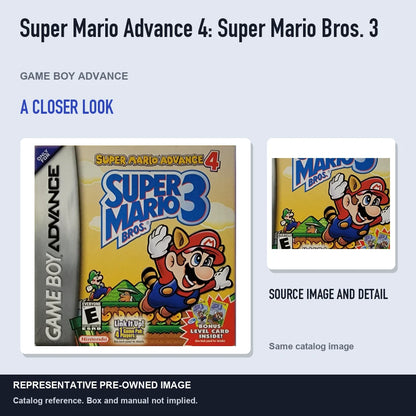 Representative pre-owned Super Mario Advance 4: Super Mario Bros. 3 (Game Boy Advance), full image with detail inset.