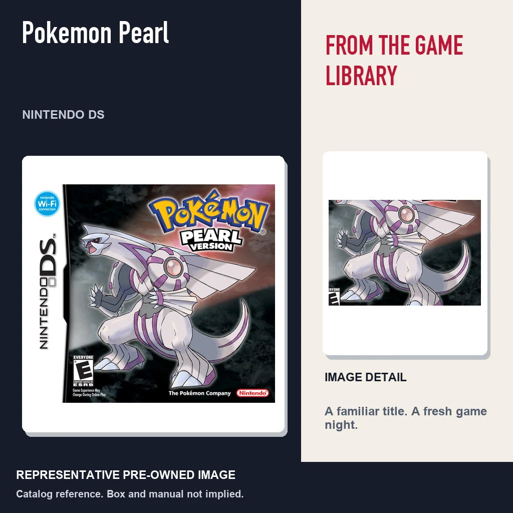 Representative pre-owned Pokemon Pearl (Nintendo DS), editorial image and detail.