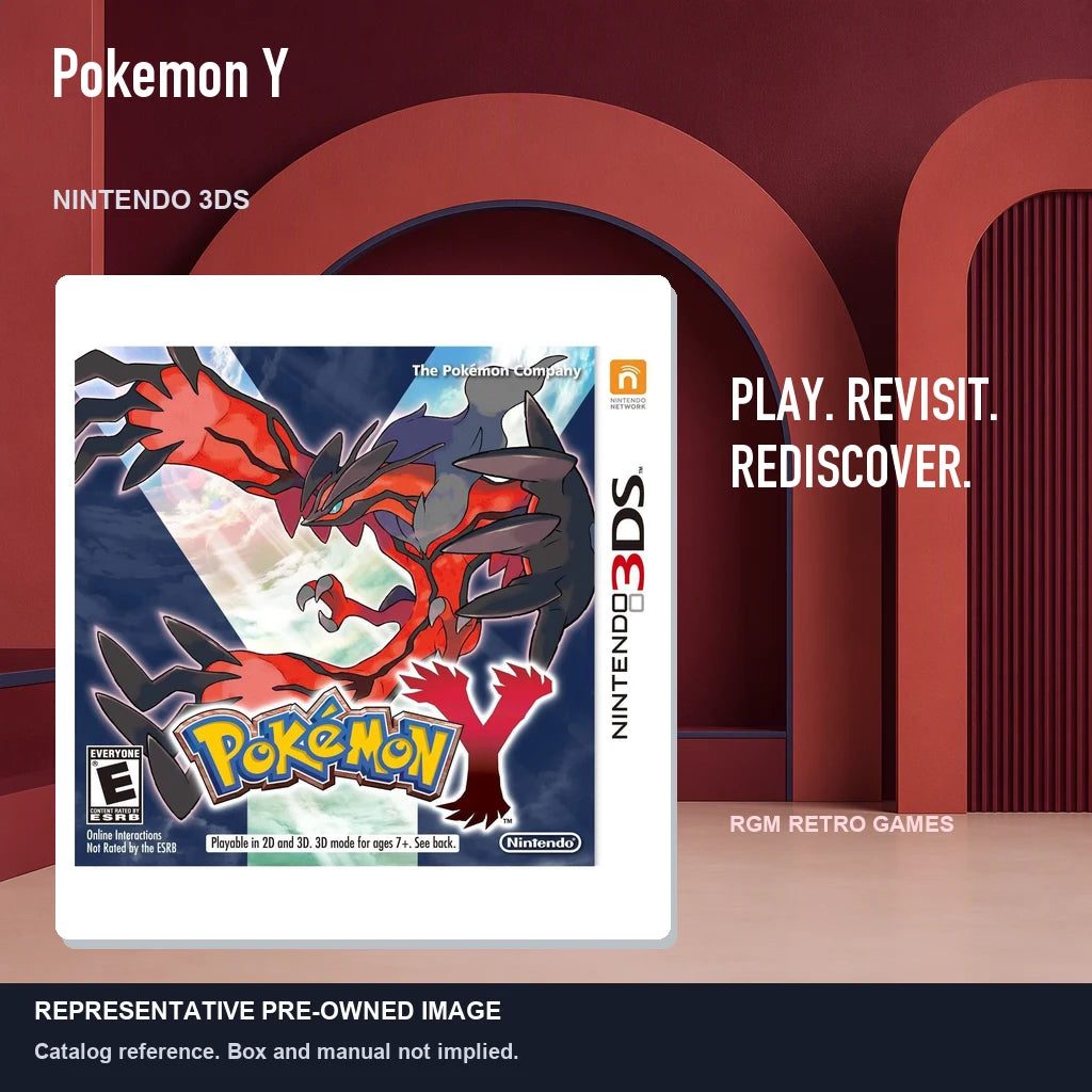 Representative pre-owned Pokemon Y (Nintendo 3DS), red retro product layout.