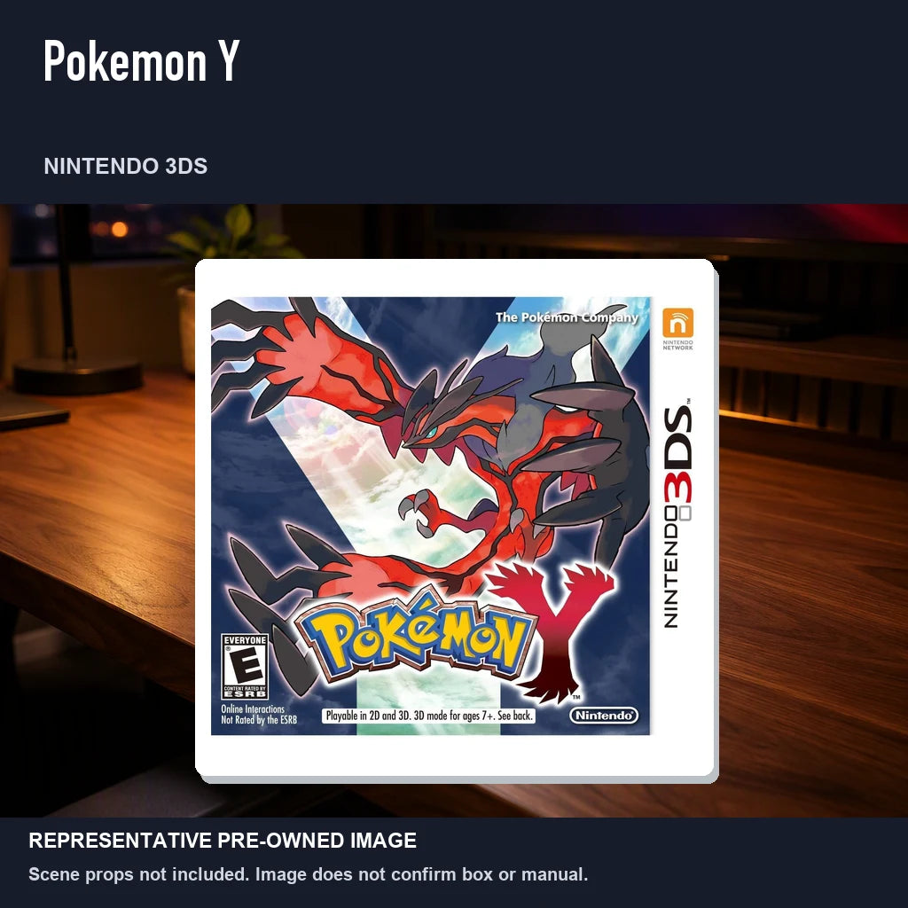 Representative pre-owned Pokemon Y (Nintendo 3DS), product image in a styled desk scene.