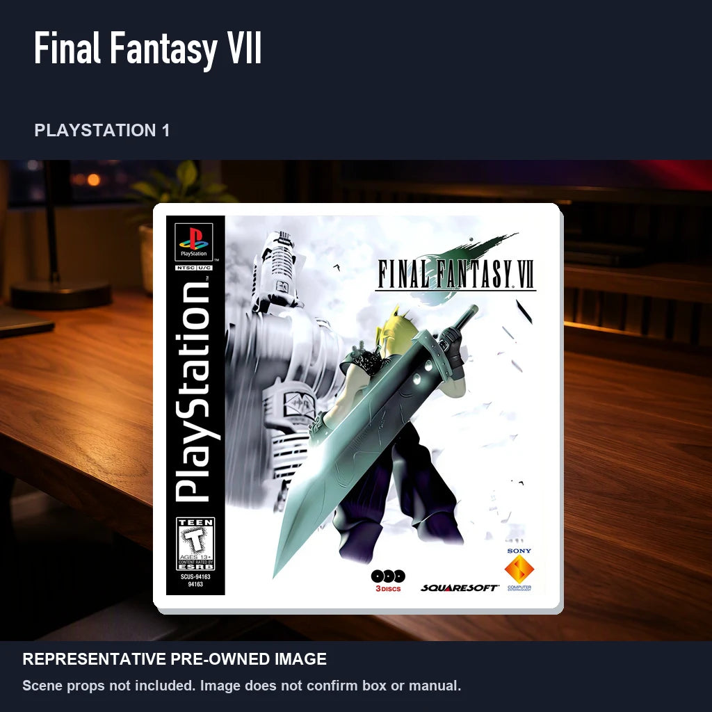 Representative pre-owned Final Fantasy VII (PlayStation 1), product image in a styled desk scene.
