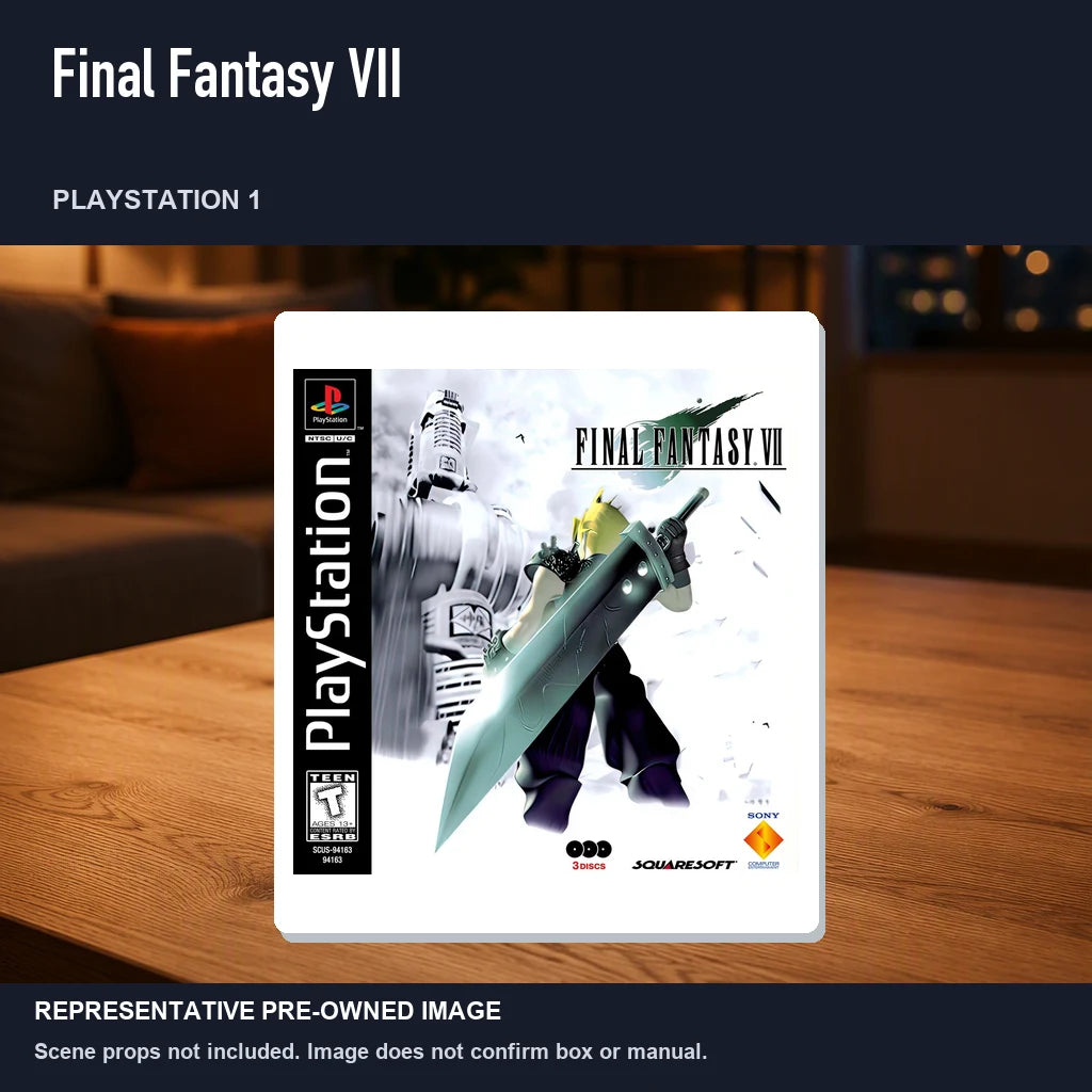 Representative pre-owned Final Fantasy VII (PlayStation 1), product image in a styled room scene.