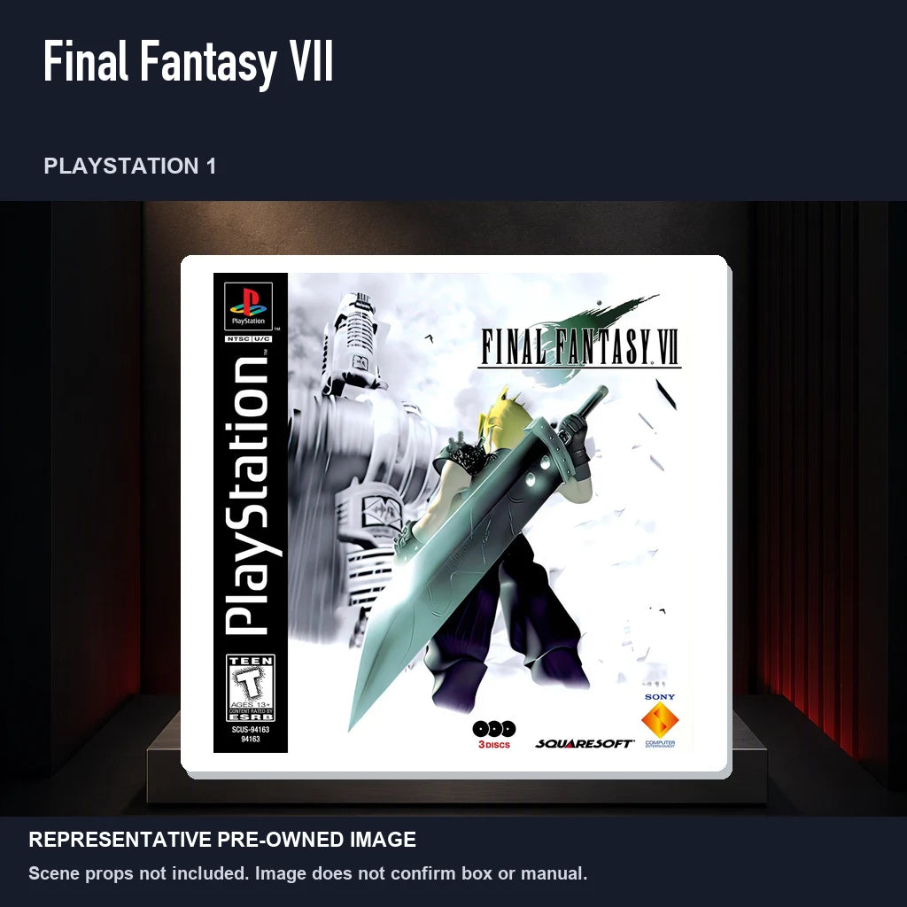 Representative pre-owned Final Fantasy VII (PlayStation 1), product image on a display panel.