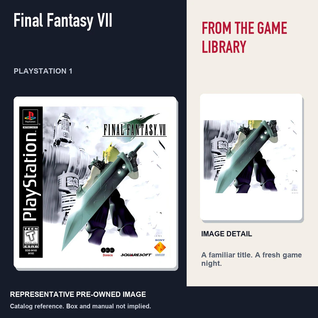 Representative pre-owned Final Fantasy VII (PlayStation 1), editorial image and detail.
