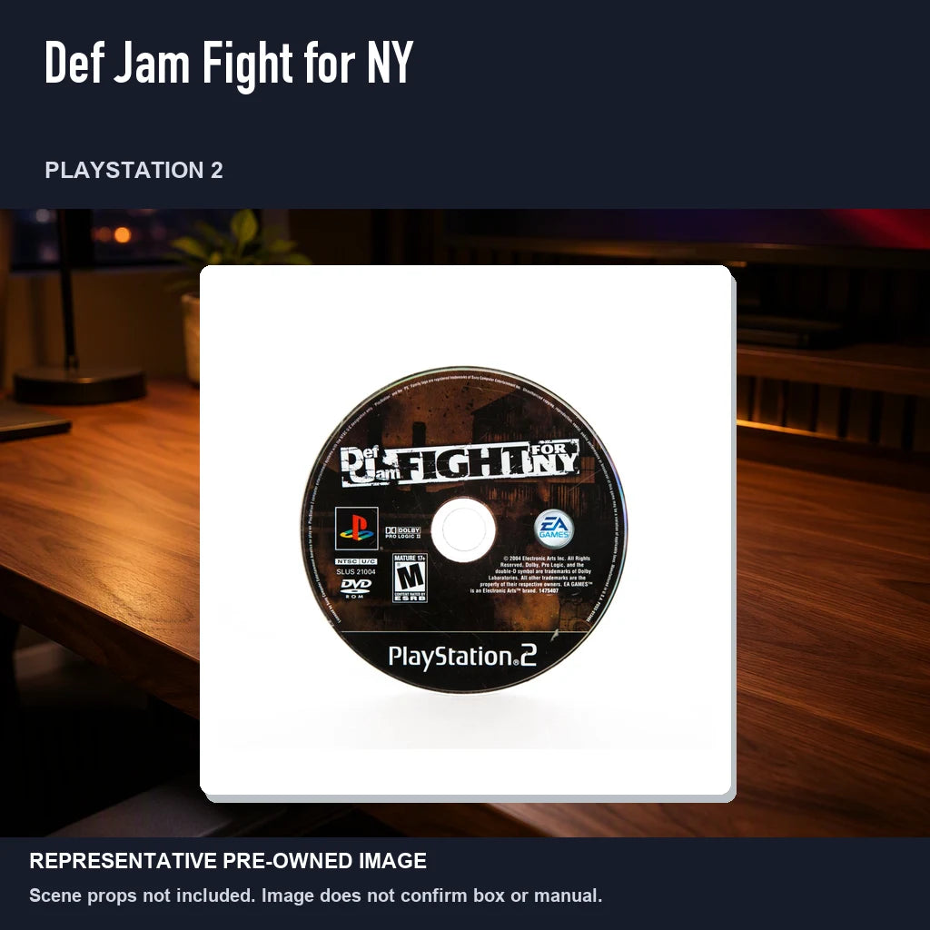 Representative pre-owned Def Jam Fight for NY (PlayStation 2), product image in a styled desk scene.