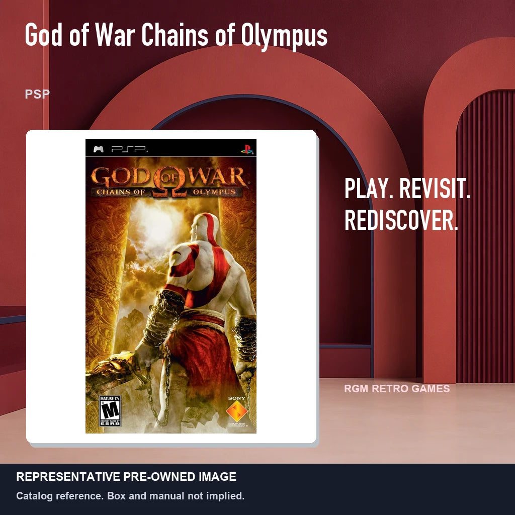 Representative pre-owned God of War Chains of Olympus (PSP), red retro product layout.