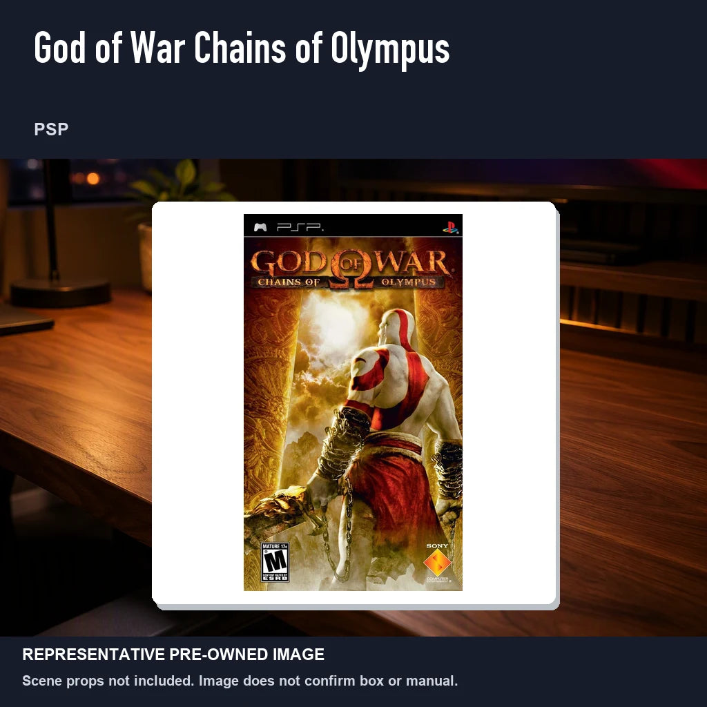 Representative pre-owned God of War Chains of Olympus (PSP), product image in a styled desk scene.