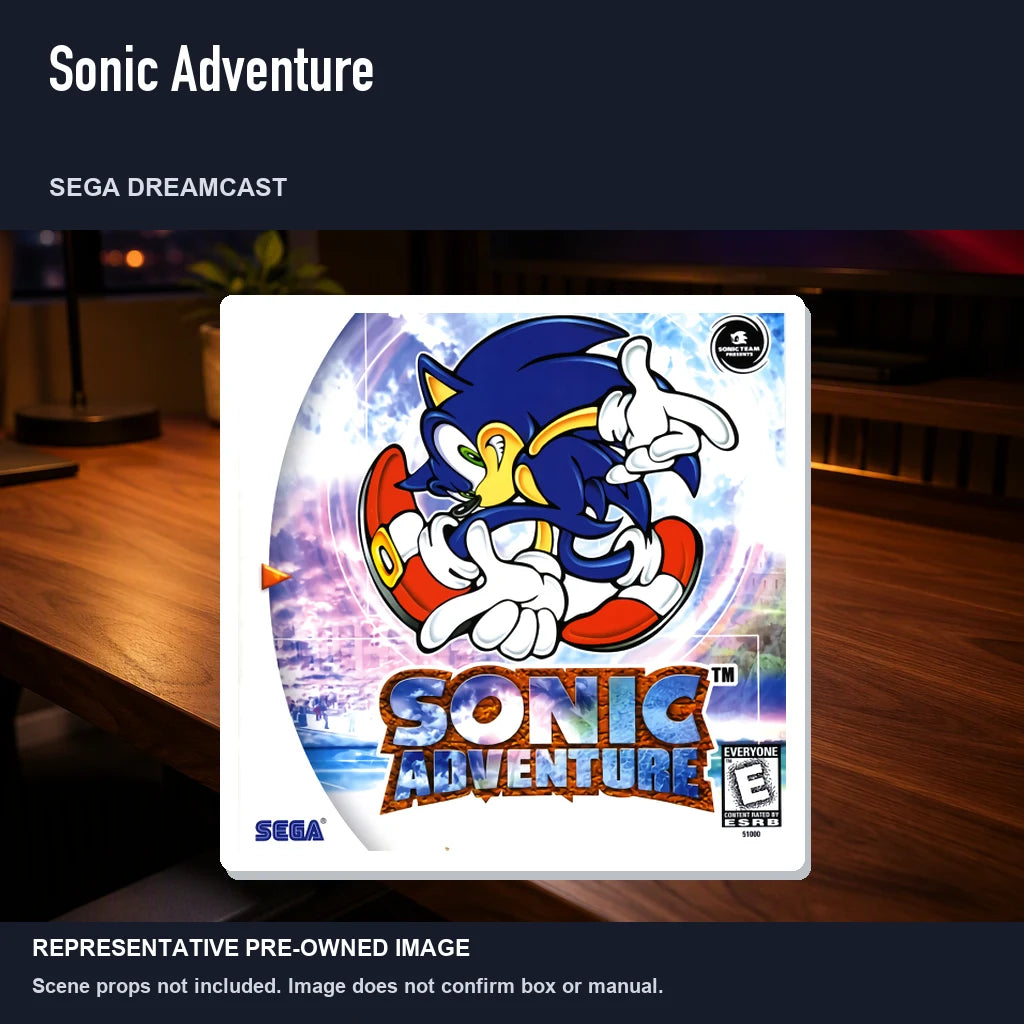 Representative pre-owned Sonic Adventure (Sega Dreamcast), product image in a styled desk scene.